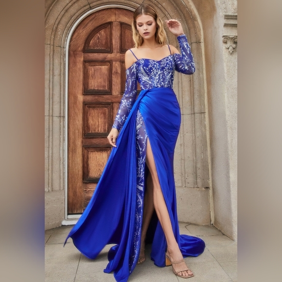 Royal,long sleeve beaded off the shoulder fitted leg slit floor length gown - Picture 1 of 9